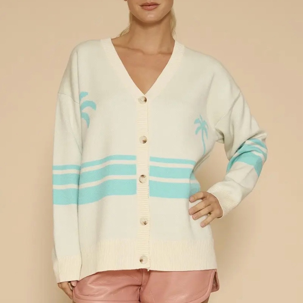 Cream V-Neck Button Cardigan with Aqua Stripe and Palm Motif